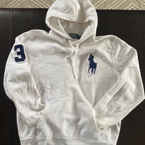 White hoodie with blue polo person logo and the number 3 on right arm.